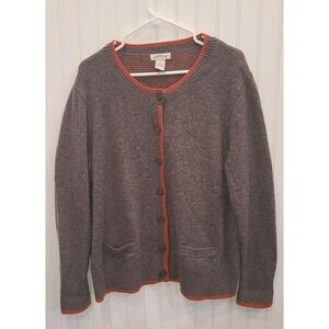 Orvis 100% Lambswool Cardigan Sweater Women's XL Brown Orange Trim Button Front